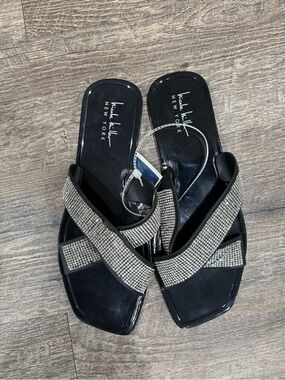 ANNA New York Black Crystal Crossband Slide Sandals